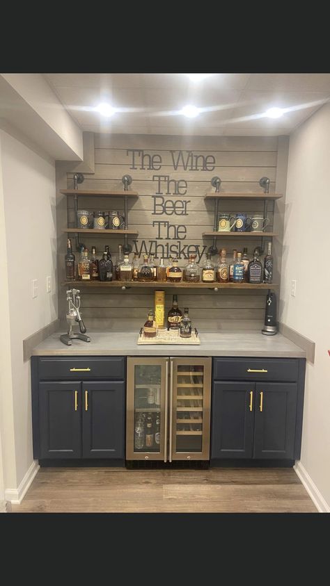 Dry Bars Ideas Basement, Bar Colors Ideas, Basement Bar On Wall, Whiskey And Coffee Bar, Coffee Bar Liquor Bar, Bar In Basement Ideas Small Spaces, Behind The Bar Wall Ideas, Small Whiskey Bar, Coffee And Whiskey Bar