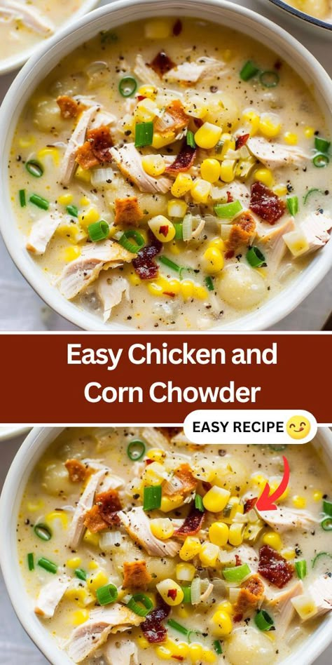 Discover a comforting twist on classic chicken soup with this hearty Chicken and Corn Chowder recipe. Packed with tender chicken, sweet corn, and creamy potatoes in a flavorful broth, it's perfect for chilly nights. Easy to make in one pot, this family-friendly soup is sure to satisfy. Serve topped with crispy bacon and fresh scallions for a delicious dinner everyone will love! Chicken Bacon Chowder, Chicken Potato Corn Chowder Soup, Creamy Chicken Chowder Soup, Chicken Potatoes Soup, Chicken Potato Soup Recipes, Chicken Corn Chowder Crock Pot, The Cozy Cook Recipes, Easy Chicken Corn Chowder, Potato And Chicken Soup