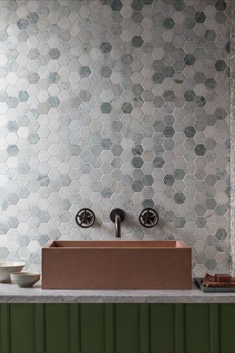 Master Bath Tile, Green Terrazzo, Herringbone Mosaic Tile, Mandarin Stone, Green Porcelain, Hexagon Mosaic Tile, Indoor Tile, Round Tiles, Concrete Basin