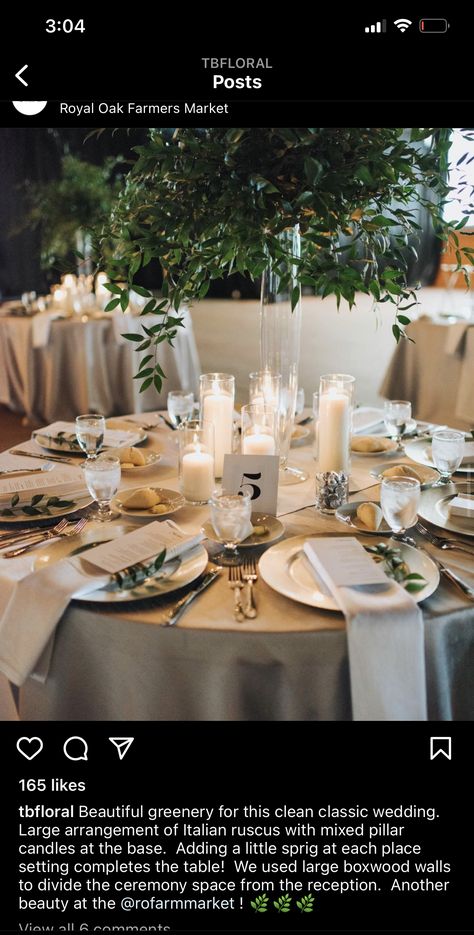 Italian Ruscus Wedding, Ruscus Wedding, Italian Ruscus, Centre Table, Wedding Classic, Place Settings, Farmers Market, Pillar Candles, Florist