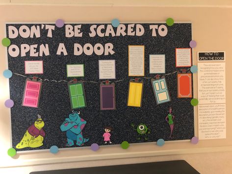 Monsters Inc Ra Bulletin Board, Disney Door Decs Resident Assistant, Community Themed Bulletin Boards, Monsters Inc Door Decs, Disney Bulletin Boards College, Monsters Inc Ra Theme, Monsters University Bulletin Board, Monster Inc Bulletin Board, Dorm Hallway Themes