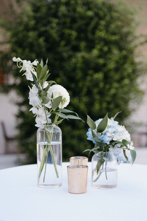 Bud Vase Hydrangea, Hydrangeas In Bud Vases, Hydrangea Bud Vase Wedding, Hydrangea Decoration Wedding, Blue Bud Vases Wedding, Blue Candles Wedding, Hydrangea Bud Vase, Green Hydrangea Wedding, Malibu Elopement