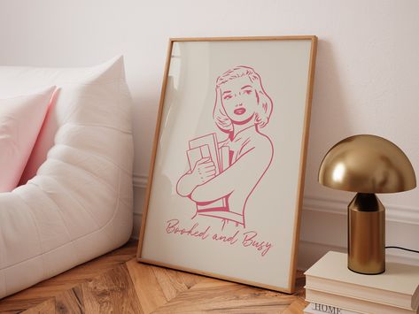 Booked and busy library poster, Pink retro girl reading print, high school classroom wall art, Book nook corner printable Bookish Room Decor, Bookish Room, Library Poster, Booked And Busy, Mentor Teacher, Classroom Wall Art, Library Posters, Retro Girl, Poster Pink