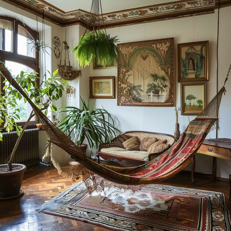 22 Stunning Indoor Hammock Ideas to Decorate Your Home Hanging Chairs Living Room, Indoor Hammock Ideas, Indoor Hammock Hanging, Hanging Chair Living Room, Hammock Inside, Hammock Aesthetic, Hammocks Inside, Swing In Living Room, Hammock In Bedroom