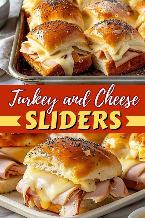 These 30-minute turkey and cheese sliders are the perfect party food! They're jam-packed with thinly sliced turkey and plenty of gooey Swiss cheese. Buffalo Turkey Sandwich, Turkey And Gouda Sliders, Easy Turkey And Cheese Sliders, Smoked Turkey Sliders On Hawaiian Rolls, Turkey Cheddar Sliders, Hot Turkey And Cheese Sliders, Recipes With Sliced Turkey, Turkey And Swiss Sliders Kings Hawaiian, Turkey Sliders On Hawaiian Rolls Easy