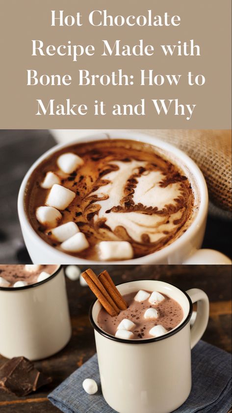 Hot chocolate with bone broth Bone Broth For Hormones, Drinkable Broth Recipe, Recipes With Bone Broth In It, Bone Broth Powder Recipe, Bone Broth For Breakfast, Broth Hot Chocolate, Bone Broth Morning Drink, Bone Broth In The Morning, Bone Broth Cocoa