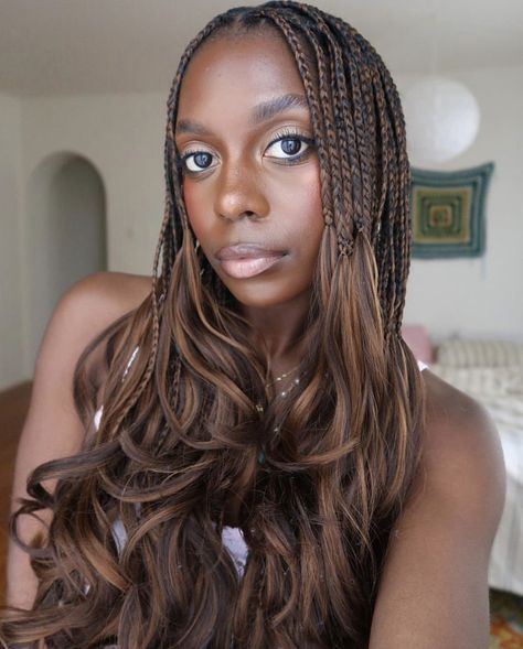 french curl braids| bonitravo Honey Brown Braids On Dark Skin, Brown French Curl Braids, Pony Braids, Spring Braids, Human Nest, French Curls Braids, French Curl Braids, Hair Color For Brown Skin, French Curls