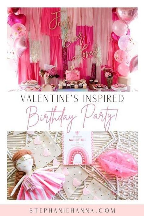 We chose a Valentine’s Day inspired Galentine Birthday party for Maven’s 4th Birthday with everything pink, pink , pink per her request. Her birthday is February 1st so the timing is perfect to find all the pink pretties in the stores. I started with brainstorming a cute saying for the party. We came up with Four Ever Loved since she was turning 4. - Stephanie Hanna Blog February Birthday Party Ideas, Heart Themed Birthday, Day Birthday Party Ideas, Family Craft Ideas, Third Birthday Girl, Valentines Birthday Party, Party Decorations Diy, 5th Birthday Party Ideas, February 1st