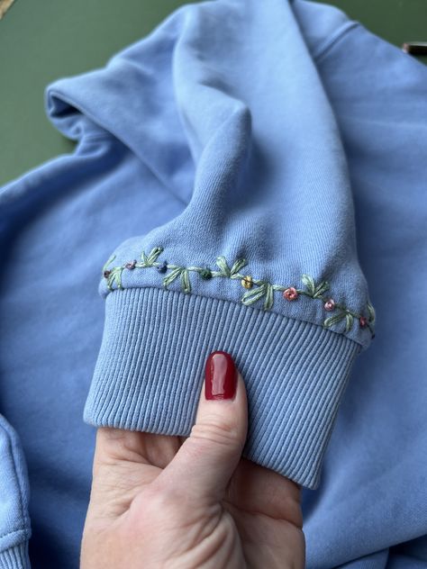 Embroidery On Hoodie Sleeve, Hand Embroidery On Hoodie, Hoodie Embroidery Diy, Hoodie Embroidery Ideas Easy, Sweater Hand Embroidery, Cuff Embroidery, Hoodie Sleeve Embroidery, Hand Embroidery Jacket, Hand Embroidery Patches