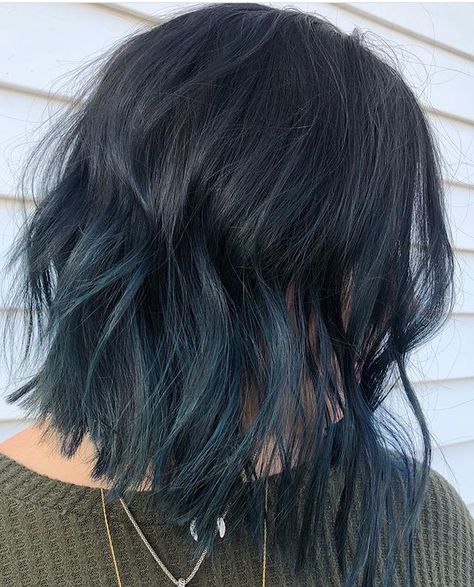 Blue Highlights In Brown Hair Short, Black And Blue Hair Short, Dark Blue Highlights In Black Hair, Dark Brown Hair With Blue Highlights, Ombre Hair Blue, Blue And Black Hair, Indigo Hair, Hidden Hair Color, Short Hair Blue