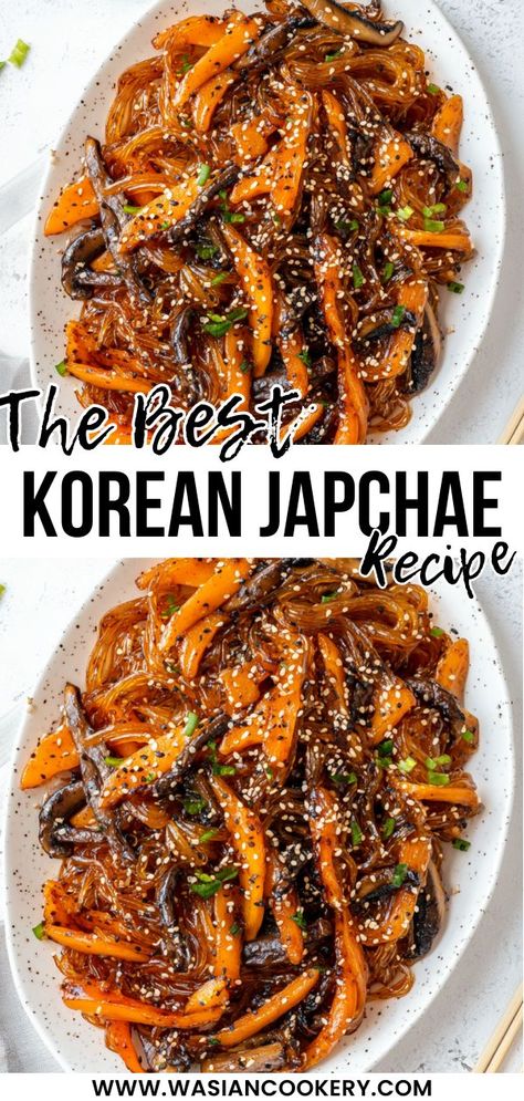 A plate of Japchae, Korean glass noodles stir-fried with vibrant orange bell peppers, shiitake mushrooms, and garnished with sesame seeds and fresh herbs, served alongside chopsticks and soy dipping sauce for a flavorful and healthy meal. Japchae Aesthetic, Chapchae Recipe, Vegan Japchae, Japchae Recipe Korean, Korean Noodle Recipes, Japchae Recipe, Healthy Korean Recipes, Aesthetic At Home, Asian Cuisine Recipes