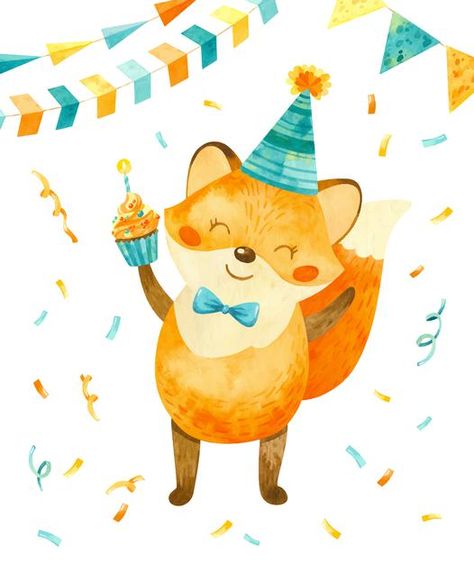 Happy fox with a birthday cap on his hea... | Premium Vector #Freepik #vector #banner #poster #watercolor #invitation Fox Invitation Birthday, Happy Birthday Fox, Character Watercolor, Birthday Cap, Happy Fox, Fox Birthday, Indian Feathers, Watercolor Invitation, Rainbow Clipart