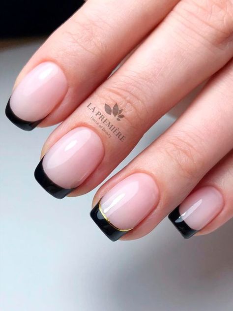 50+ Cute French Tip Nails That Put A Modern Twist On The Classic Black Tip French Nails, Black French Tip Nails With Gold, French Manicure With Black Tips, Black And Gold French Tip Nails, Black Tipped Nails, Black Tip French Manicure, French Manicure With Accent Nail, French Manicure Black, Trendy French Tip Nails