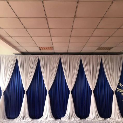 Navy Backdrop Wedding, Royal Blue And White Backdrop, Curtain Backdrop Ideas, Event Backdrop Design, Wedding Draping Backdrop, Curtain Backdrop Wedding, Royal Blue Curtains, Silk Backdrop, Prom Backdrops