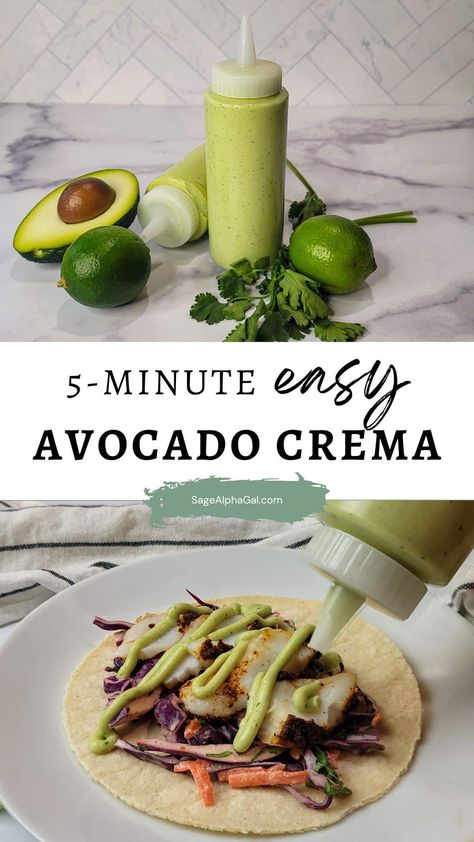 Easy Avocado Lime Crema Greek Yogurt Avocado Crema, Avocado Tacos Recipes, Avocado Sauce Recipes, Avocado Cream Sauce For Tacos, What To Do With Avocado, Crema Mexicana Recipe, Avocado Sauce For Tacos, Food With Avocado, Avacodo Recipe Idea Healthy