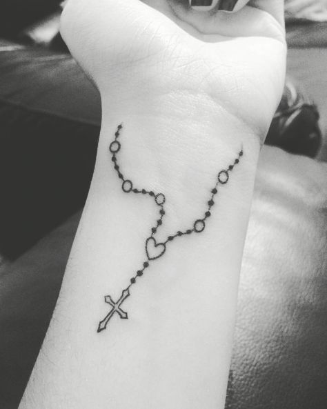 Feminine Rosary Tattoo, Small Rosary Tattoo For Women Arm, Rosary Tattoo Wrist Woman Crosses, Pretty Cross Tattoos For Women, Rosary Tattoo For Women Arm, Rosary Beads Tattoo, Bead Tattoo, Rosary Tattoo Wrist, Sons Tattoo