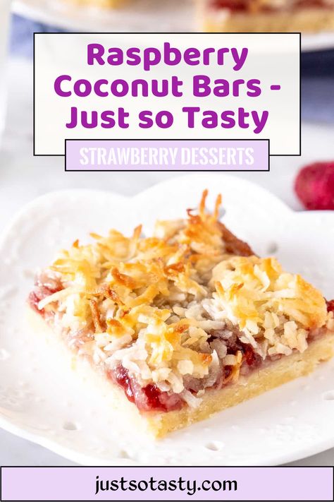 These raspberry coconut bars - AKA raspberry coconut slice - have a buttery shortbread base, a layer of raspberry jam and a coconut macaroon topping. This old-fashioned recipe is simple to make and perfect for coconut lovers. #raspberry #coconut #bars #slice #recipe #raspberryjam #shortbread from Just So Tasty Raspberry Coconut Jelly Roll, Raspberry Coconut Squares, Raspberry Coconut Magic Bars, Raspberry Bars Recipes, Raspberry Dessert Bars, Raspberry Jam Bars, Raspberry Shortbread Bars, Raspberry Coconut Bars, Raspberry Squares