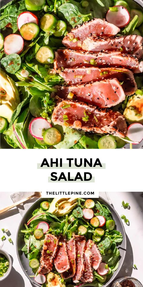 Ahi Tuna Salad Recipe, Ahi Tuna Salad, Garlic Dressing, Tuna Avocado, Honey Sesame, Tuna Salad Recipe, Ahi Tuna, Entree Recipes, Tuna Salad