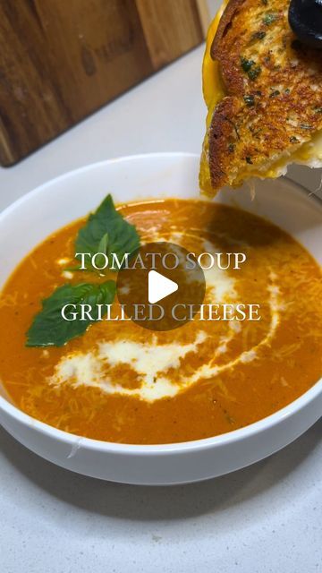 Alex Rios on Instagram: "Tomato Soup & Grilled Cheese 🍅🔥 recipe ⬇️

3 lbs of any tomatoes, halved
1 yellow onion, chopped 
1 red bell pepper, chopped
1 bulb of garlic, top cut off
3 tbsp olive oil
1 tsp salt
1/2 tsp black pepper
1 tsp paprika
1 tsp Italian seasoning
2 tsp balsamic vinegar
2 cups broth
1/3 cup basil leaves

Garnish with cream, Parmesan cheese & basil

Preheat oven to 400F. Place all vegetables, skin side up & wrap your garlic head in foil with olive oil and salt. Sprinkle seasonings over top along with balsamic vinegar. Roast for 30-40 minutes or until charred. Pour everything including the juices on the baking sheet, broth & basil into a blender or use an immersion blender. Blend till smooth or desired consistency. Mix this with heavy on a low heat until well combined. S Tomato And Basil Soup, Soup Grilled Cheese, Tomato Soup Grilled Cheese, Beef Soup Recipes, Tomato Basil Soup, Grilled Cheese Recipes, Garlic Head, Garlic Bulb, Immersion Blender