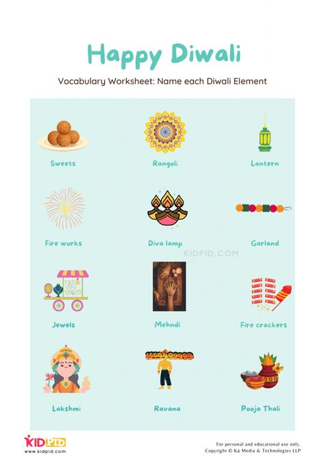 Festival Vocabulary Printable Worksheets for Kids Worksheet for introducing Diwali related terms in your child's vocabulary Our Festivals Worksheet, Indian Festivals Worksheets For Kids, Diwali Worksheets For Kindergarten, Diwali Colouring Worksheet For Kids, Diwali Children Activities, Diwali For Kids, Poetry Worksheets, Summer Puzzle, Free English Worksheets