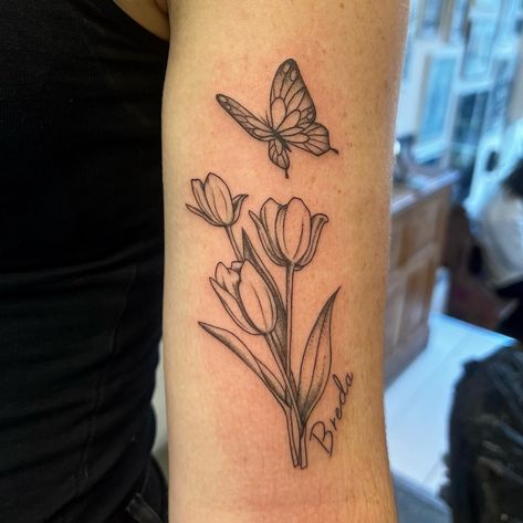 Tulips Butterfly Tattoo, Tulips And Butterflies Tattoo, Xenia Flower Tattoo, Tulip Half Sleeve Tattoo, Tulip With Butterfly Tattoo, Tulip Butterfly Tattoo, 3 Tulips Tattoo, Open Tulip Tattoo, Tulip Forearm Tattoo