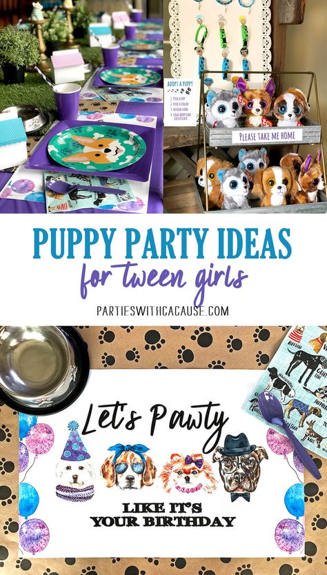 Need a great theme for tweens? Try hosting a puppy birthday party with attitude! Have you ever thought about requesting donations in lieu of gifts? It can be an amazing experience for a child. Find out how much your family RECEIVES when you GIVE at PartiesWithACause.com Elevate your events! #puppyparty #dogparty #dogbirthday #adoptapuppy #kidsforgood #donationparty #partywithacause #partywithapurpose Dog Adoption Birthday Party, Animal Shelter Birthday Party Ideas, Puppy And Kitten Birthday Party, Puppy Themed Birthday Party Activities, Dog Themed Party Ideas, Animal Adoption Birthday Party, Puppy Birthday Parties For Kids, Veterinarian Birthday Party Kids, Husky Birthday Party