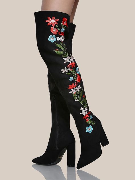 Healed Boots, Story Clothes, Thigh High Heel Boots, Womens Thigh High Boots, Knee High Heel Boots, Boots Thigh High, Emo Stuff, Floral Boots, Thigh High Boots Heels