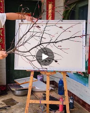 Acrylic Painting Glass Frame, How To Prep A Canvas For Acrylic Paint, Tree Branch Painting Acrylic, How To Paint Tree Branches Acrylic, How To Paint A Robin Acrylic, Tree Branch Art, Creative Arts Therapy, Branch Art, Diy Hanging Shelves