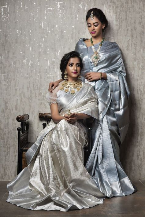 Silver Saree, Rich And Classy, Goldie Locks, Grey Saree, Offbeat Bride, Silver Silk, Marketing Advertising, Kanjivaram Sarees, Kanchipuram Saree