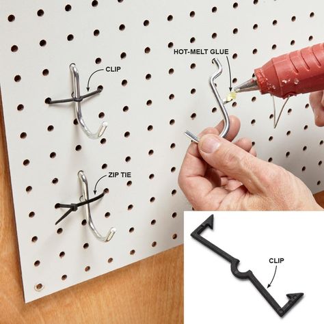 Lock In the Hooks The No. 1 complaint about pegboard? Hooks falling out when you remove a tool. The solution? Lock 'em in place. Zip ties are an inexpensive, surefire way to go—but you need to have access to the back of your pegboard (or plan ahead and install the pegs and zip ties before you mount the board). Rifacimento Garage, Rangement Art, Casa Hobbit, Peg Boards, Pegboard Storage, Metal Pegboard, Pegboard Organization, Sewing Room Organization, Trendy Sewing