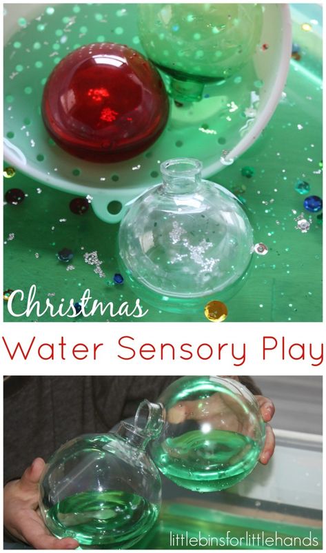 Christmas Sensory Play with ornaments and water sensory bin play Water Sensory Bin, Christmas Sensory Play, Water Sensory Play, Sensory Bin Play, Christmas Sensory, Sensory Tubs, Christmas Units, Christmas Lesson, Christmas Play