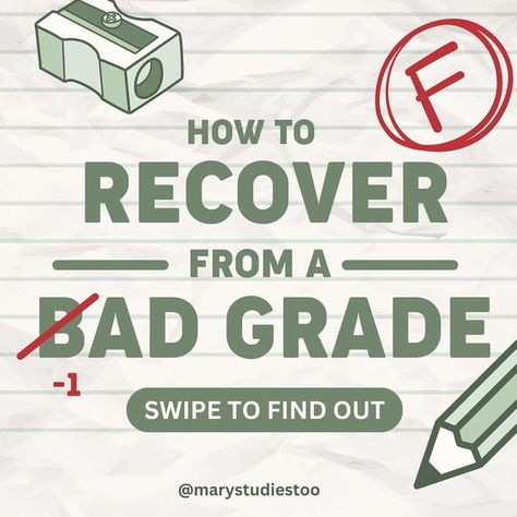 ˗ˏˋ ɱαɾყ ´ˎ˗ on Instagram: "🙌🏽From setback to comeback: Embracing the challenge, conquering the grade 💪🏽 . 😖Receiving a bad grade can be disappointing and discouraging, but it doesn't define your abilities or your future success. • 😌Here are some practical tips to help you recover from a bad grade and improve your academic performance! . . 🙋🏽‍♀️QOTD: What do you do to cope with a bad grade? Lmk in the comments! . . 👀Looking for something specific on my page? Send me a DM! . 📌Save this post for later! . . [🏷️] #study #college #studygram #studytips" Grades Doesn't Define You, Academic Comeback, Study College, Bad Grades, The Challenge, Study Tips, A Bad, Improve Yourself, How To Find Out