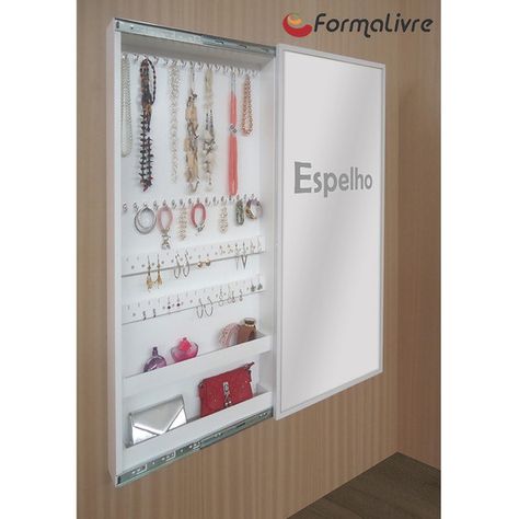 Porta Jóias Perfumes Brincos e Acessórios com Espelho Branco no Elo7 | FormaLivre (E700B9) Small Bedroom Storage, Closet Office, Makeup Table, Bedroom Storage, Small Bedroom, Bathroom Medicine Cabinet, Locker Storage, Leroy Merlin, Decoupage