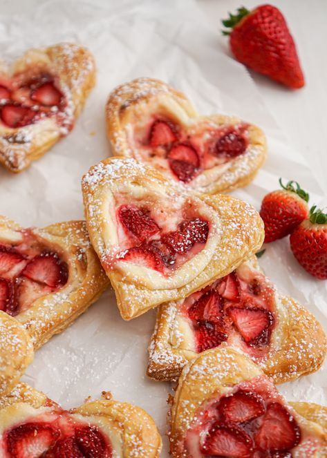 These sweet, heart shaped strawberry cream cheese Danishes are as cute as can be and make a special treat for loved ones! Each heart has a light smooth cream cheese filling with bursts of fruity strawberry jam and fresh strawberries; sitting atop a flaky, buttery pastry. Cream Cheese Danishes, Heart Shaped Strawberry, Cheese Danishes, Cream Cheese Pastry, Cream Cheese Danish, Cheese Danish, Strawberry Slice, Strawberry Cream Cheese, Pie Tart