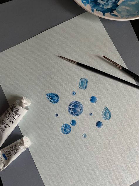 Gem Rendering, How To Draw Gemstones, Jewelry Gouache, Gemstone Rendering, Jewelry Watercolor, Diamond Sketch, Watercolor Gem, Gemstone Artwork, Watercolor Jewelry