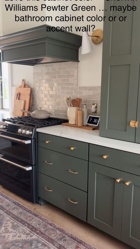 Green Cabinet With Gold Hardware, Green Cabinets Bronze Hardware, Ripe Olive Kitchen Cabinets, Ball Cabinet Knob, Hardware For Green Cabinets, Green Cabinets With Gold Hardware, Emerald Kitchen Cabinets, Green Bottom Kitchen Cabinets, Green Cabinet Colors