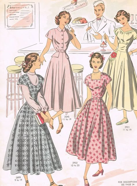 I am beyond smitten with this fantastic soda shop illustration featuring a selection of spring fashions from 1949. #soda #shop #teenagers #spring #vintage #1940s #fashion #clothing #dress 40s Mode, Vintage Fashion Sketches, Vintage Clothes Patterns, Spring Fashions, Vintage Dress Patterns, 1950s Style, 40s Fashion, Retro Mode, Vestidos Vintage