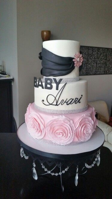 Black And Pink Baby Shower Ideas, Black And Pink Baby Shower, Baby Shower Cakes Girl Pink, White Baby Shower Cake, Pink Baby Shower Cake, Gothic Baby, Baby Shower Cakes Girl, White Baby Showers, Shower Diy