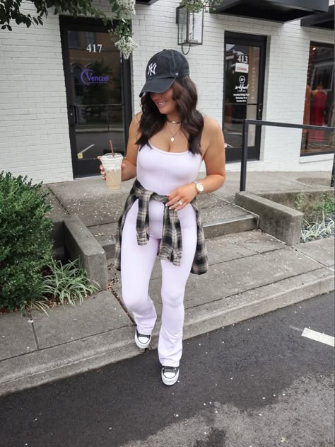 comfy outfit ideas | comfy casual errands outfit | comfy style | athletic jumpsuit | flare jumpsuit | flannel around waist Flair Jumpsuit Outfit, Flared Jumpsuit Outfit, Flannel Around Waist Outfit, Flare Jumpsuit Outfit, Casual Errands Outfit, Flannel Around Waist, Outfit Ideas Comfy Casual, Athletic Jumpsuit, Outfit Ideas Comfy