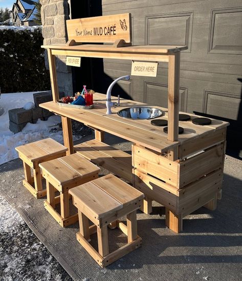 Mud Kitchen Café With Oven and Working Faucet Natural Cedar Wood Mud Kitchen - Etsy Home Made Mud Kitchen, Free Mud Kitchen Plans, Mud Pie Kitchen For Kids, Mud Kitchen Eyfs, Diy Daycare Ideas, Diy Mud Kitchen Outdoor Play, Easy Mud Kitchen, Play Cafe Ideas, Mud Kitchen Plans