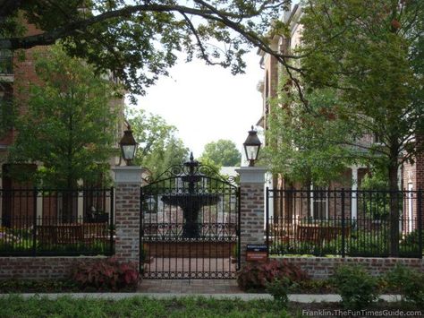 wrought iron fence/stone pillar concept (front yard) | Gardens ... Brick Wrought Iron Fence, Brick And Wrought Iron Fence, Brick Pillar Fence, Front Fences, Rod Iron Fences, Wrought Iron Fencing, Fence Backyard, Iron Fencing, Iron Fences