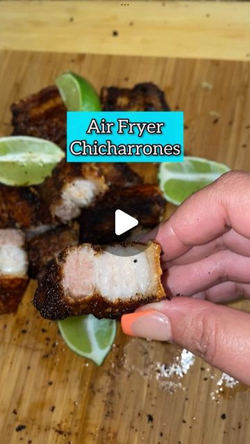 Michelle Disla on Instagram: "Air Fryer Chicharrones 😋⬇️ 2 pieces of pork belly 1 tbsp salt 1 tbsp black pepper 2 tbsp garlic powder 1 tbsp oregano 2 limes 1 sazon packet Airfry at 400 for 20 minutes, skin side down. Then, flip, skin side up and air fry for another 10 minutes at 400 (your air fryer may require less or additional time to crisp up the skin). 📚 eBook: My Air Fryer eBook has 85+ air fryer recipes for $20! LINK IN BIO! 🛒 Air Fryer, linked in my bio (I own the 7qt size!) 🛒 Air Fryer Sheets, linked in my amazon shop! #bigmamacooks #dominicanfood #latinfood #sofrito #airfryer #airfryerrecipes #airfried #airfrying #chicharrones #porkbelly" Chicharrones In Air Fryer, Chicharrones Recipe Air Fryer, Chicharrones Air Fryer, Air Fryer Chicharrones, Chicharrones Recipe, Dominican Food, Amazon Shop, Fried Pork, Air Frying