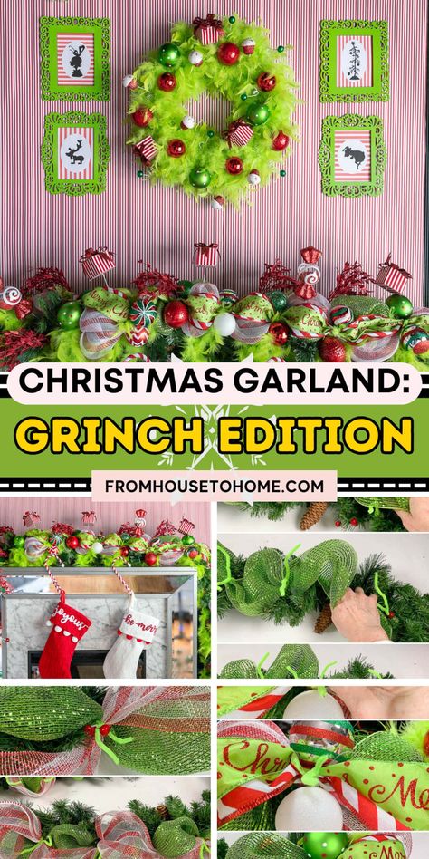 DIY Grinch Garland &#8211; A Step-By-Step Tutorial | Christmas Grinch Garland Diy, Grinch Garland, Ornament Garland Diy, Christmas Pictures With Lights, Whoville Christmas Decorations, Diy Grinch, Lime Green Ribbon, Feather Boas, Whoville Christmas