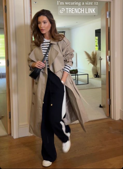 Trench Coat Outfit Dress, Lillie Grace Outfits, Khaki Trench Coat Outfit, Modest Stylish Outfits, Trench Coat Fits, Lillie Grace, Outfit Info, Striped Coat, Gymwear Outfits