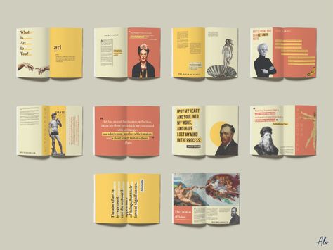 This spread consists of some famous artists. Each pages have their short biography, fun fact, works, or quotes. This spread is both combination of bold and retro colours.  #alvinalatas #layout #layouts #booklayout #design #graphicdesign #bookdesign #artspread #fridakahlo #davinci #retro Booklet Layout Design Inspiration, Fun Magazine Design, Retro Book Design, Quote Page Design, Biography Layout, Biography Design Layout, Book Spread Design, Creative Page Layout Design, Retro Layout Design