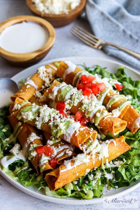 Chicken Tinga Flautas, Chicken Flautas Recipe, Beef Flautas, Flautas Recipe, Mexican Catering, Chicken Flautas, Taco Pasta Salad, Tostada Recipes, Taco Pasta