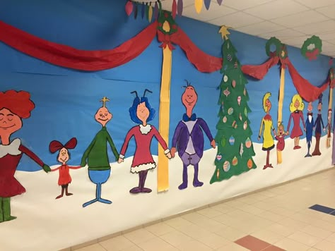 Whoville hallway school Grinch Theme Classroom Decoration, Classroom Whoville Decorations, The Grinch School Hall Decorations, Grinch Christmas Hallway Decorations, Grinch Room Transformation, Grinch Theme School Hallway, Christmas Hallway Decorations School Whoville, Whoville Christmas Classroom, Grinch Theme Hallway