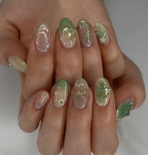 Gel X Green Nails, 3d Nail Flower Designs, Almond Nail Inspo Green, Nails Gel X Ideas, Moss Agate Nails, Green 3d Nails, Trendy Flower Nails, Green Beach Nails, Dew Drop Nails