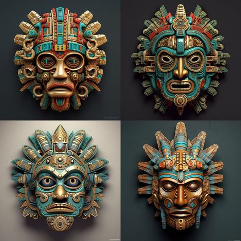 Aztec mask style in Midjourney AI (V5.1, V5, V4, niji 5) | Genres + Art Movements | Folk + Ethnic Genres | Andrei Kovalev's Midlibrary Aztec Warrior Mask, Mayan Style Art, Aztec Mask Art, Maya Mask, Mayan Masks, Aztec Clay Mask, Mayan Mask, Aztec Clay, Aztec Mask