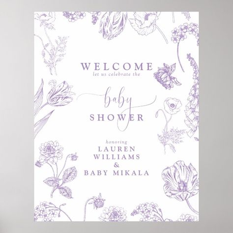 Vintage Lilac Lavender Floral Script Baby Shower Poster  Zazzle Purple Flower Border Design, Purple Baby Shower Ideas, Lilac Baby Shower, Vintage Line Art, Lavender Baby Showers, Vintage Lilac, Line Art Flowers, Lilac Blossom, Baby Shower Purple